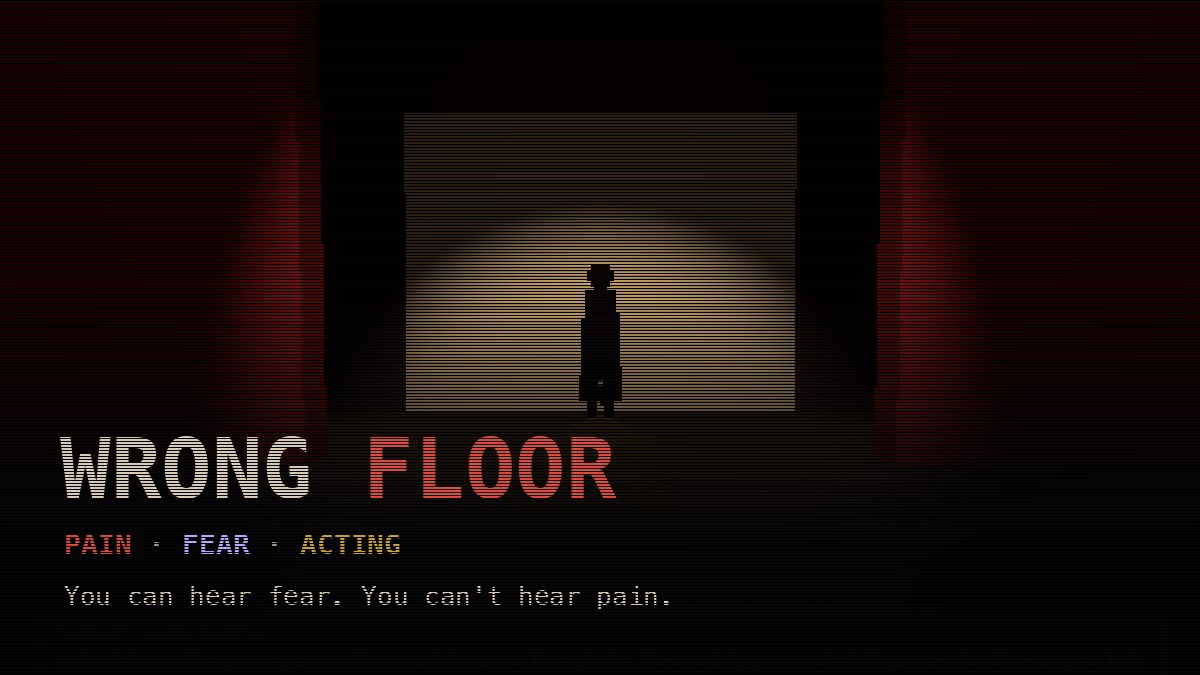 Social card: WRONG FLOOR over the theater; pain, fear, acting